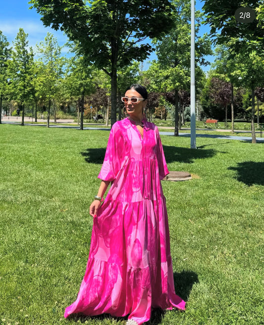 Robe longue “Pink Bloom” – Fuchsia & dégradé floral