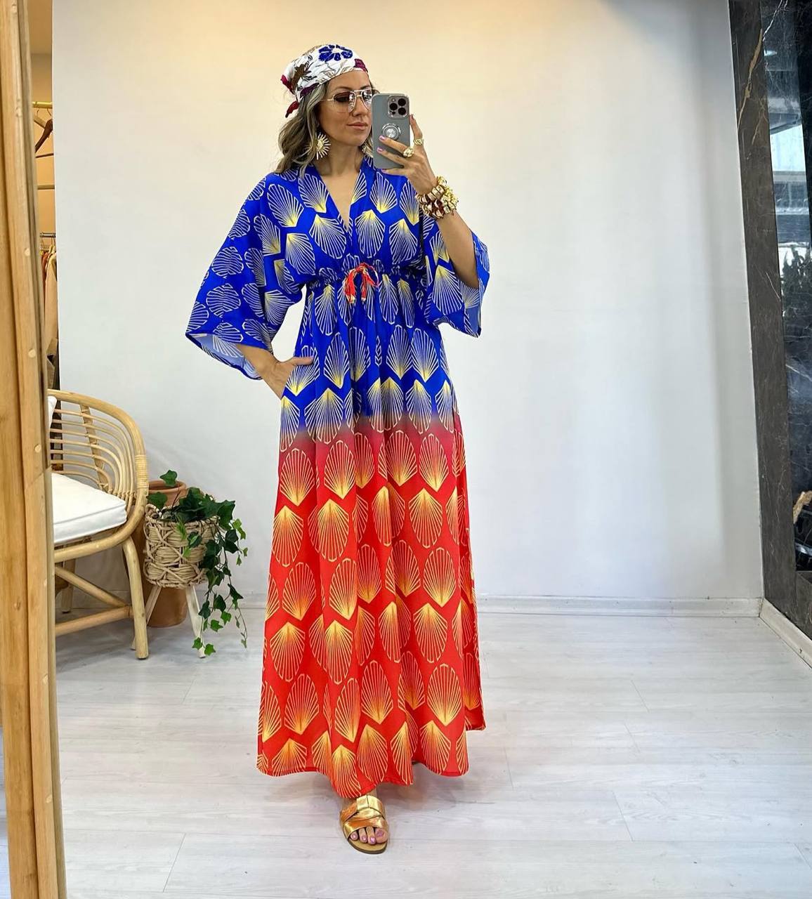Robe Longue Bohème Coquillage Dégradé Bleu & Corail