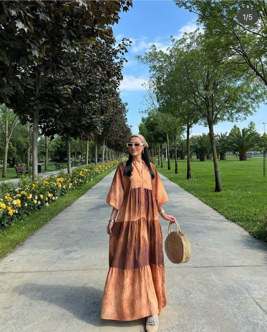 Robe longue “Terracotta Sunset” – Dégradé cuivre et chocolat