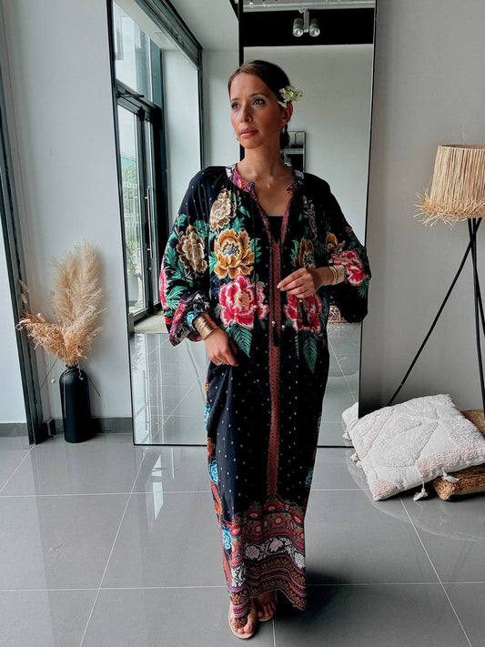 Robe longue “Boho Bloom” – Imprimé floral baroque