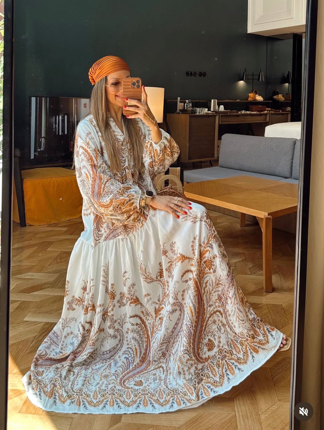Robe Longue Paisley — Blanc  & Or Terracotta