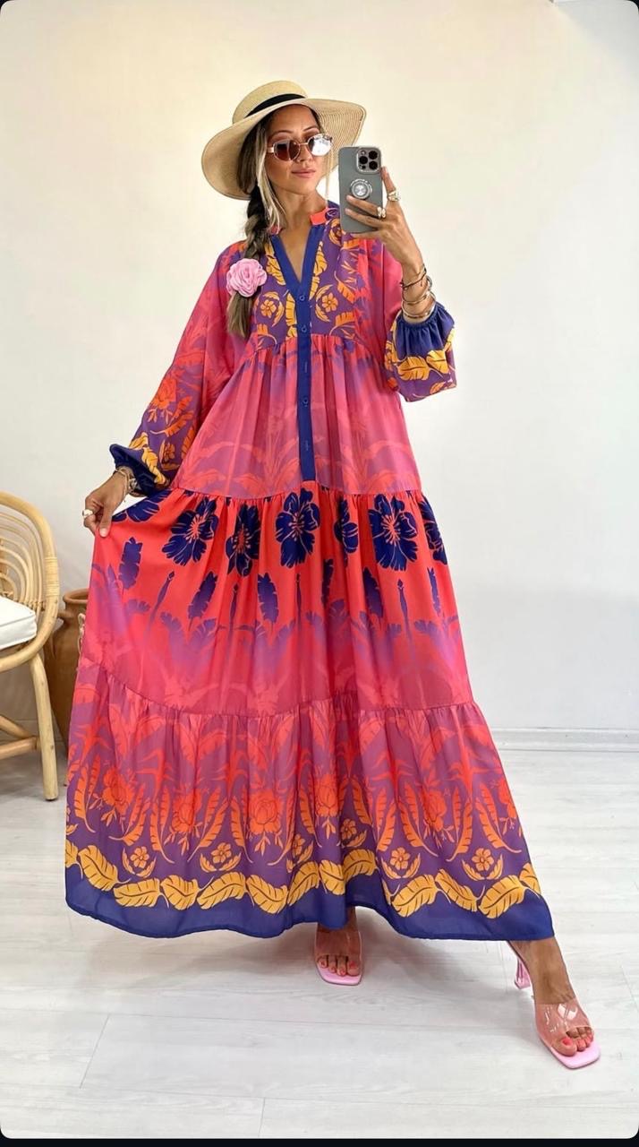 Robe longue bohème à imprimé tropical — corail, rose & bleu roi