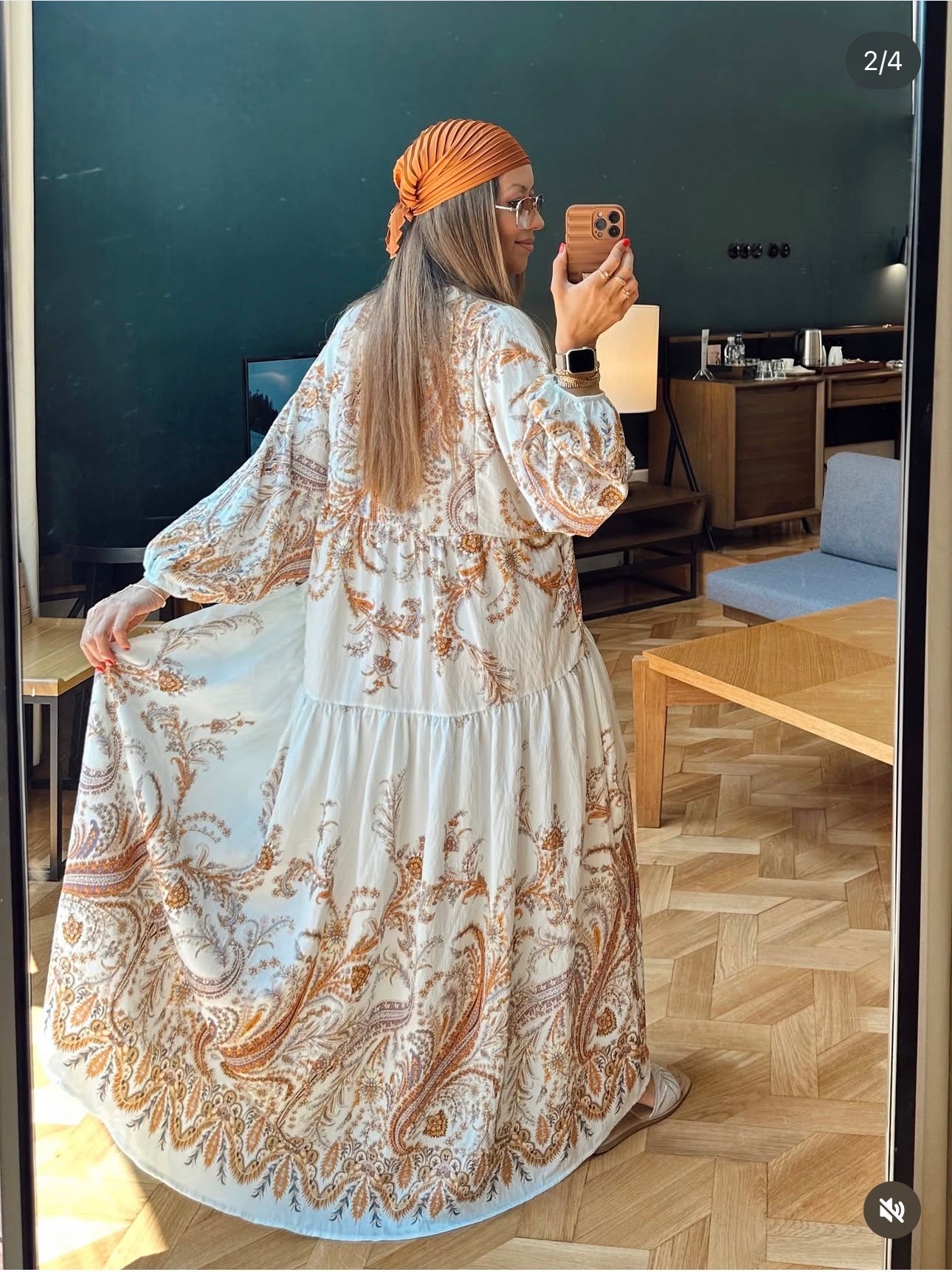 Robe Longue Paisley — Blanc  & Or Terracotta