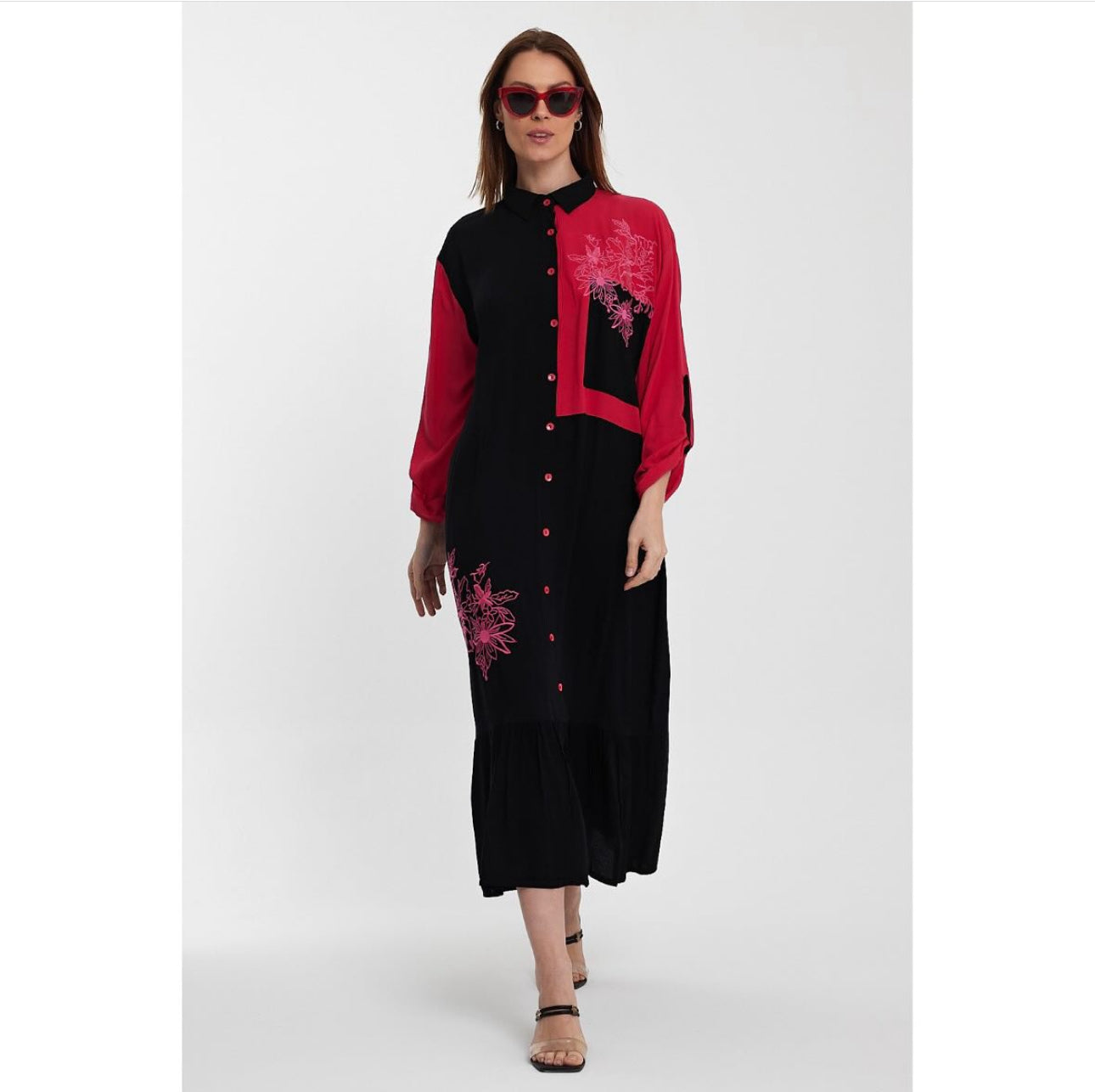 Robe chemise Bicolore Noir et Rouge à Motifs Floraux