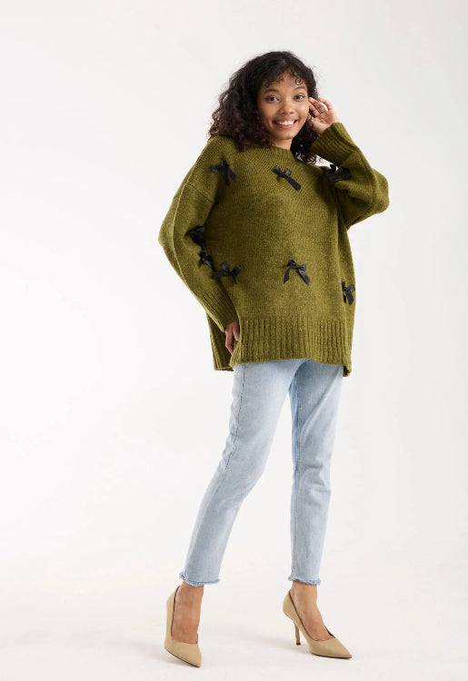 Pull Vert Olive avec Nœuds Satinés