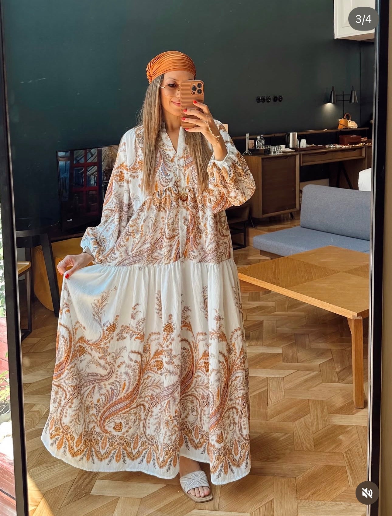 Robe Longue Paisley — Blanc  & Or Terracotta