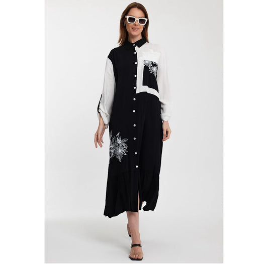 Robe chemise Bicolore Noir et Blanc à Motifs Floraux
