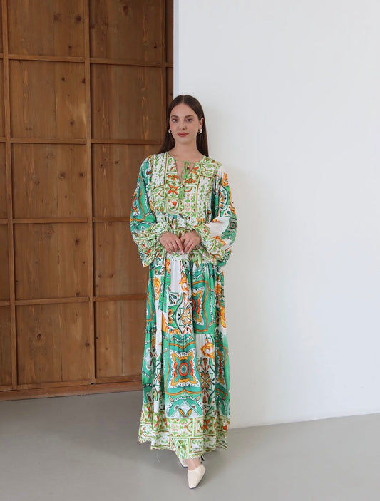 Robe Longue Bohème Imprimé Patchwork Vert & Terracotta
