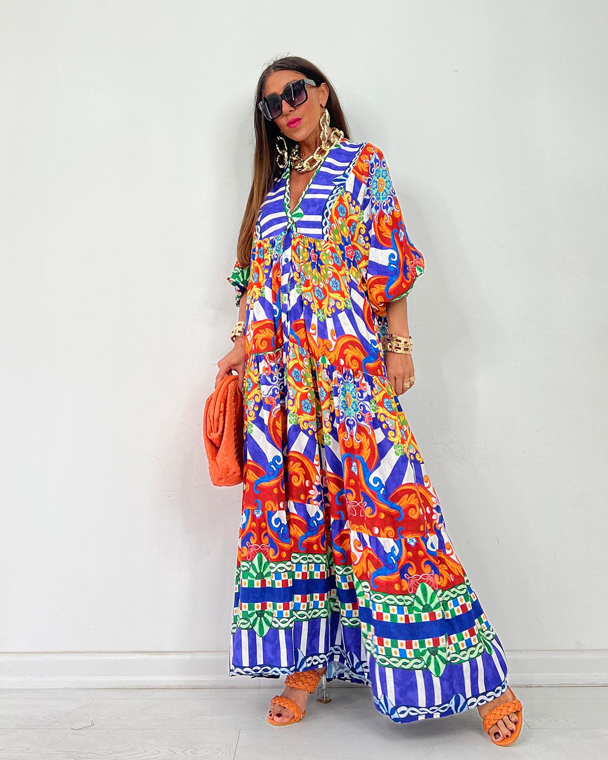 Robe longue à imprimé majolique sicilien — bleu roi, orange & vert