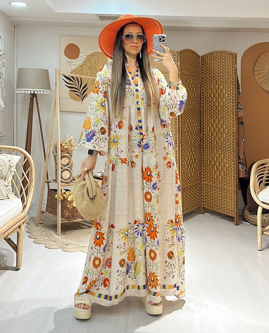 Robe maxi “Fleurs Bohème” en lin naturel