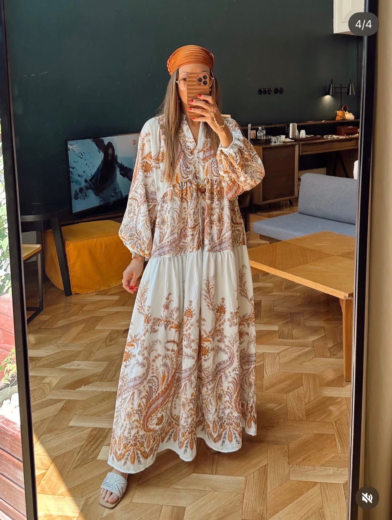Robe Longue Paisley — Blanc  & Or Terracotta