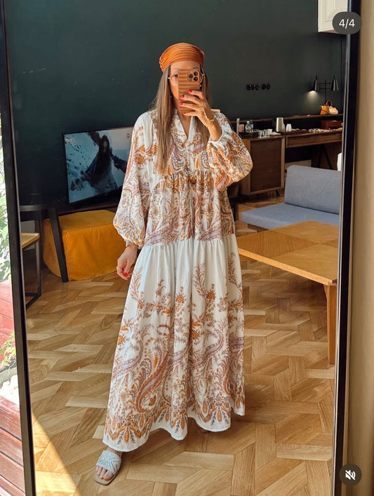 Robe Longue Paisley — Blanc  & Or Terracotta