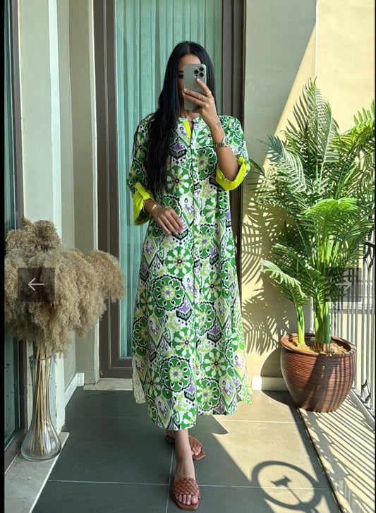 Robe mi-longue “Fresca Mosaic” – imprimé méditerranéen bleu & vert