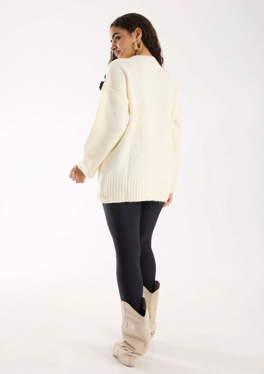 Pull blanc cassé avec Nœuds Satinés Noirs