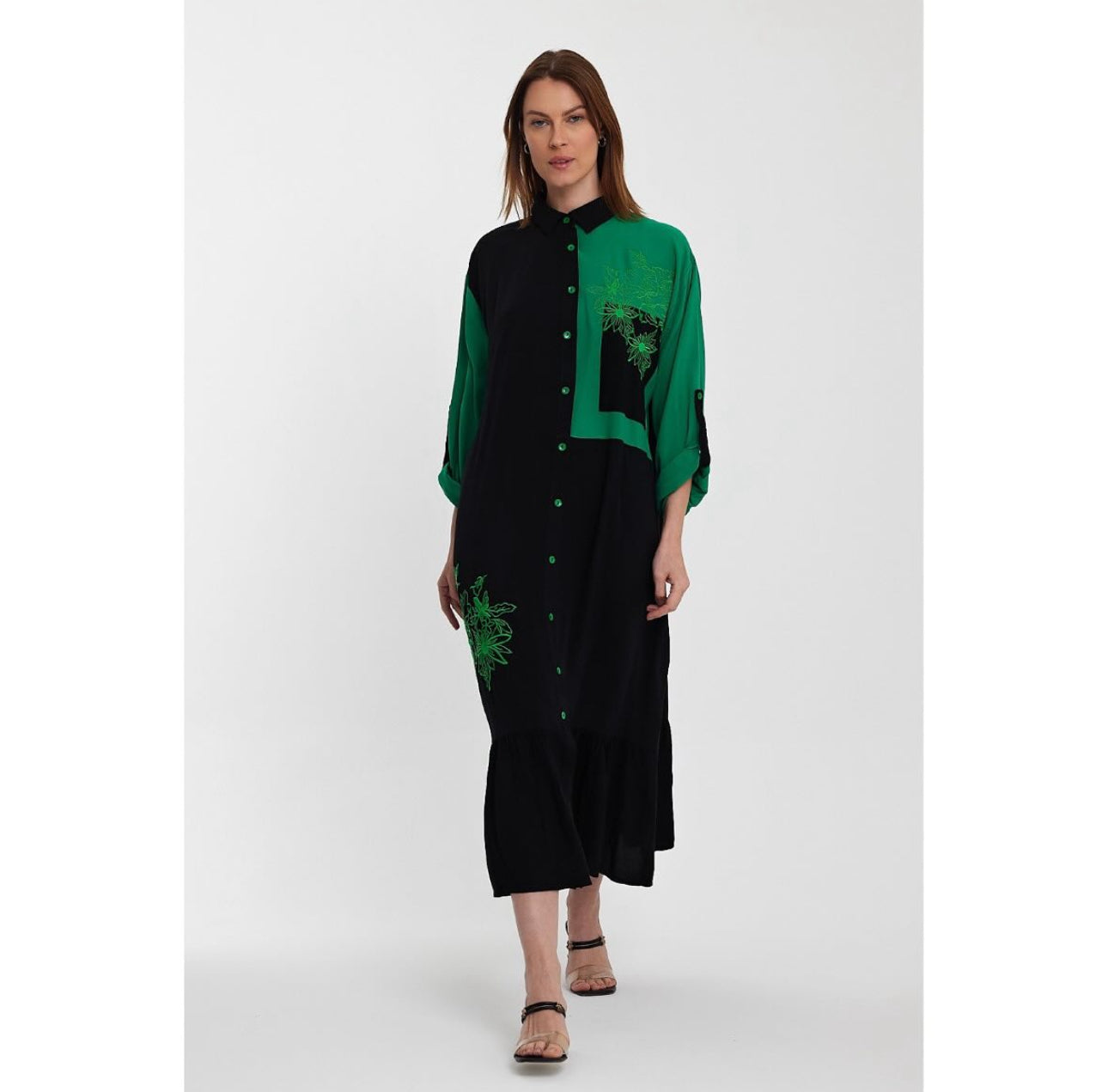 Robe chemise Bicolore Noir et Verte à Motifs Floraux