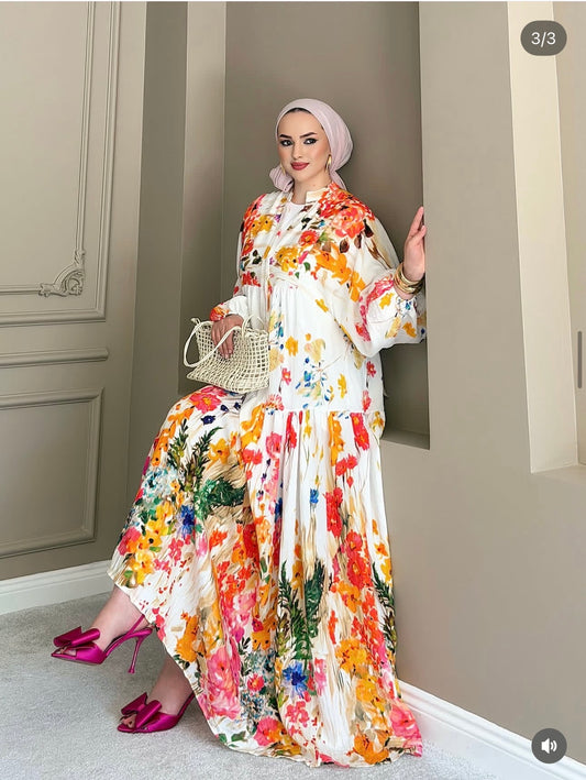 Robe longue à imprimé floral aquarelle — fond écru multicolore
