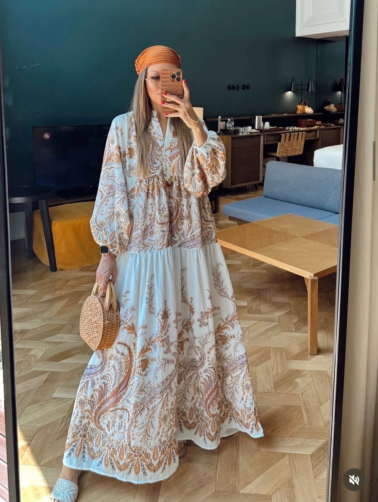 Robe Longue Paisley — Blanc  & Or Terracotta