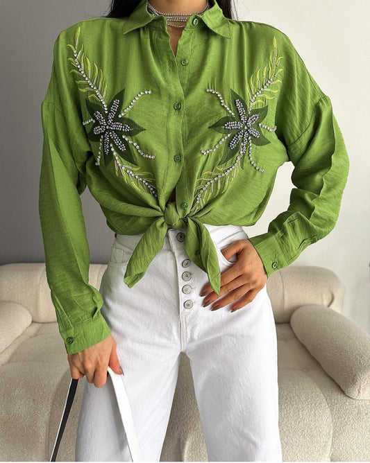 Chemise en Lin Vert Émeraude avec Broderie Perlée