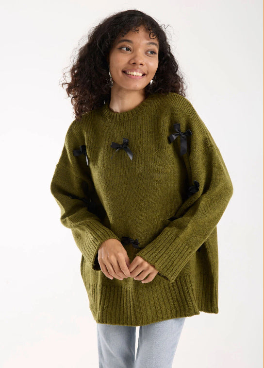 Pull Vert Olive avec Nœuds Satinés