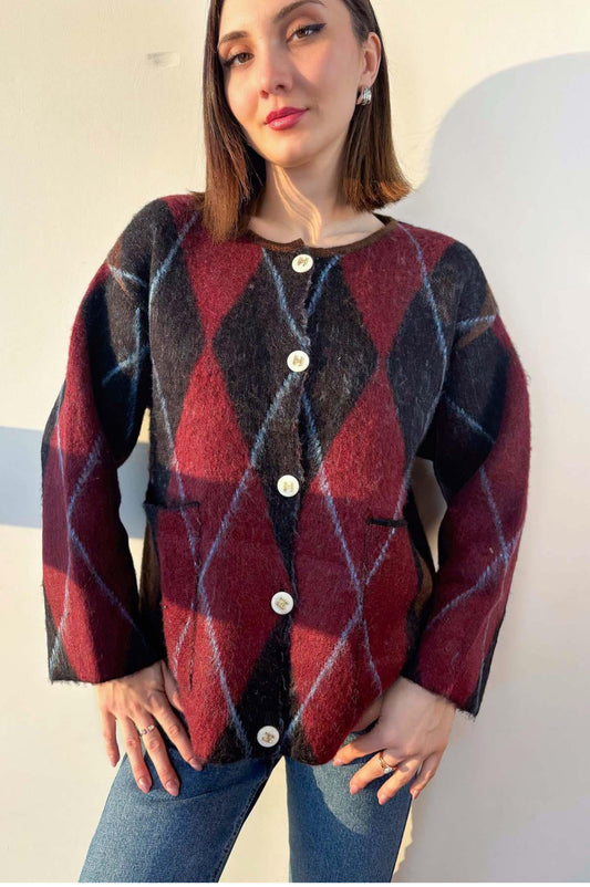 Cardigan Oversize à Carreaux Bicolores