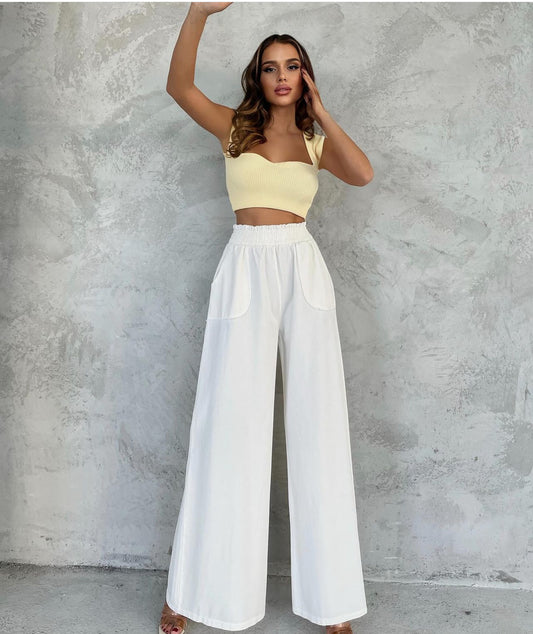 Pantalon Palazzo Blanc à Poches Rondes