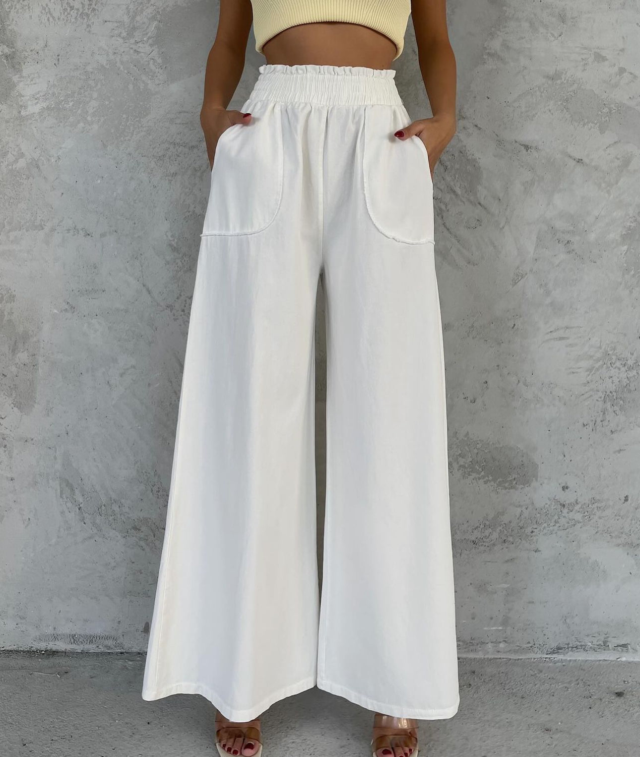 Pantalon Palazzo Blanc à Poches Rondes