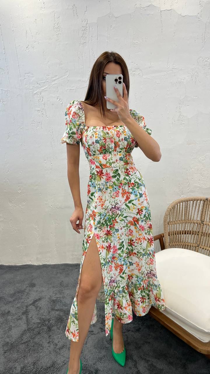 Robe longue demi manches à motifs