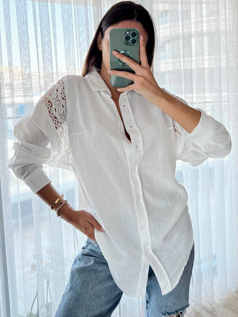 Chemise à broderie abeille Popeline de coton blanc Chemise à broderie abeille Popeline de coton blanc