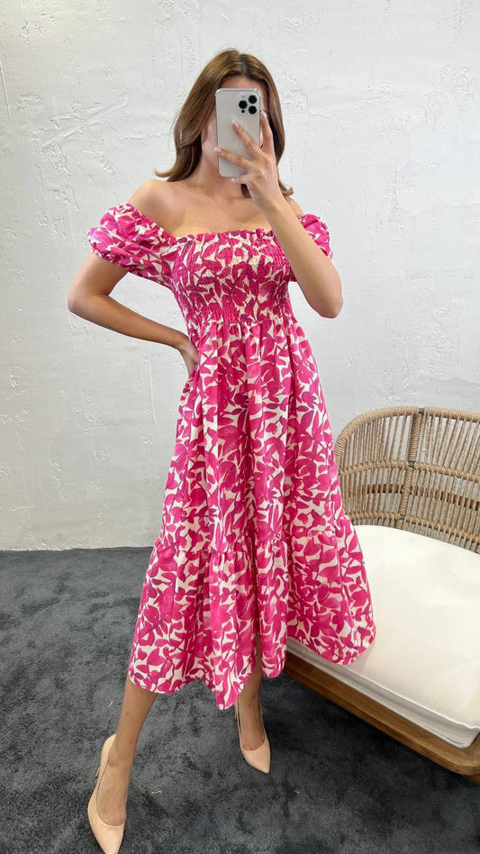 Robe longue demi manches à motifs