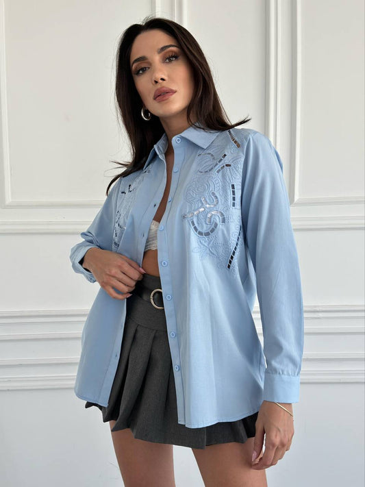 Chemise en chambray Bleu Ciel avec Broderie Détaillée