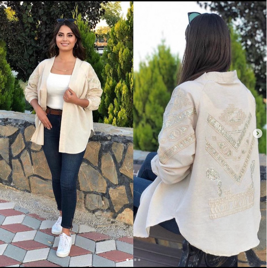 Kimono beige en toile avec broderie