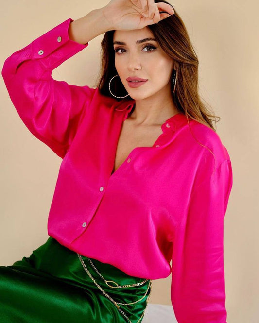 Chemise satinée longue Fuchsia